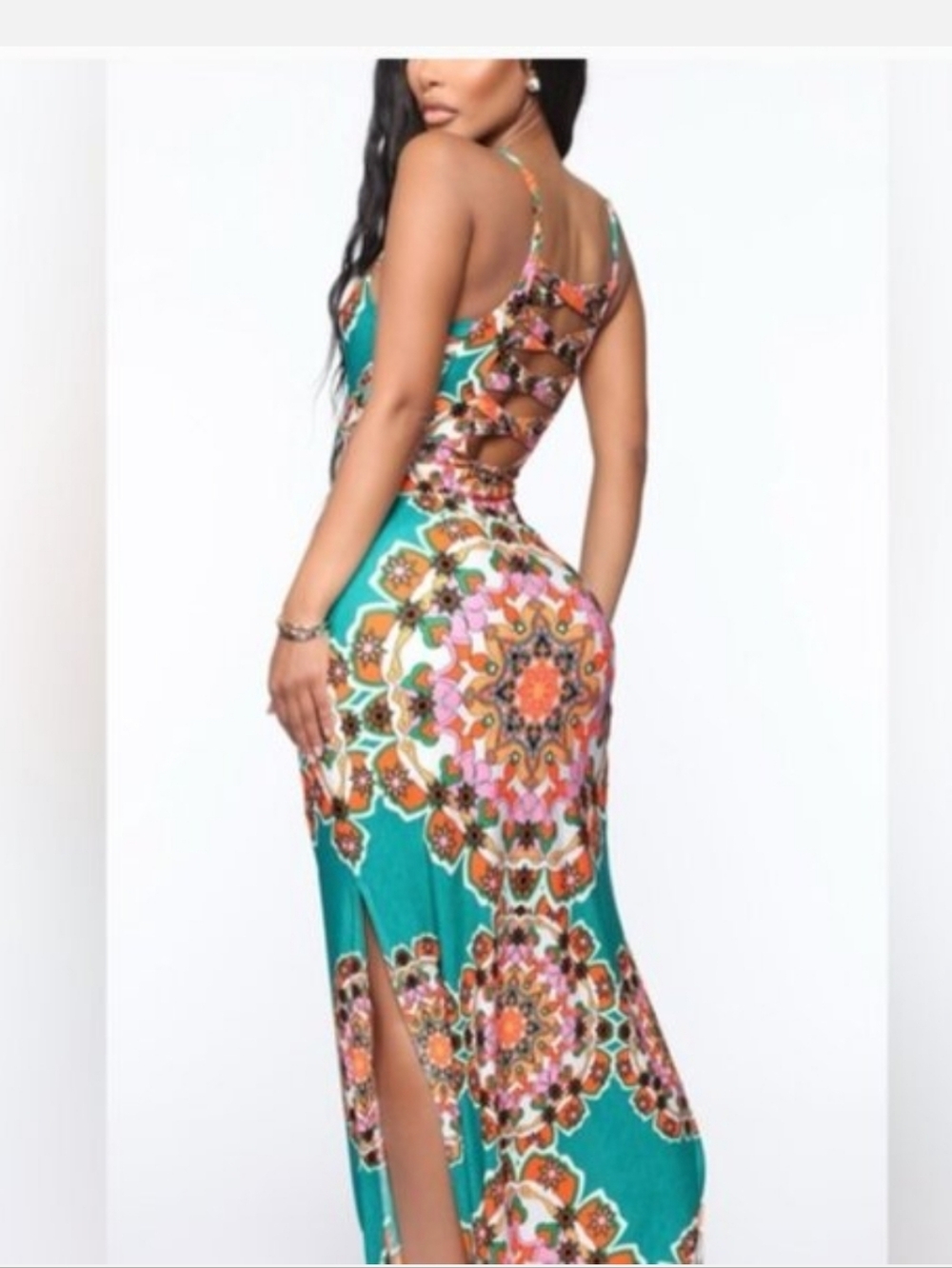 Fashion Nova Teal Maxi Dress with Pink & Coral Medallion Print